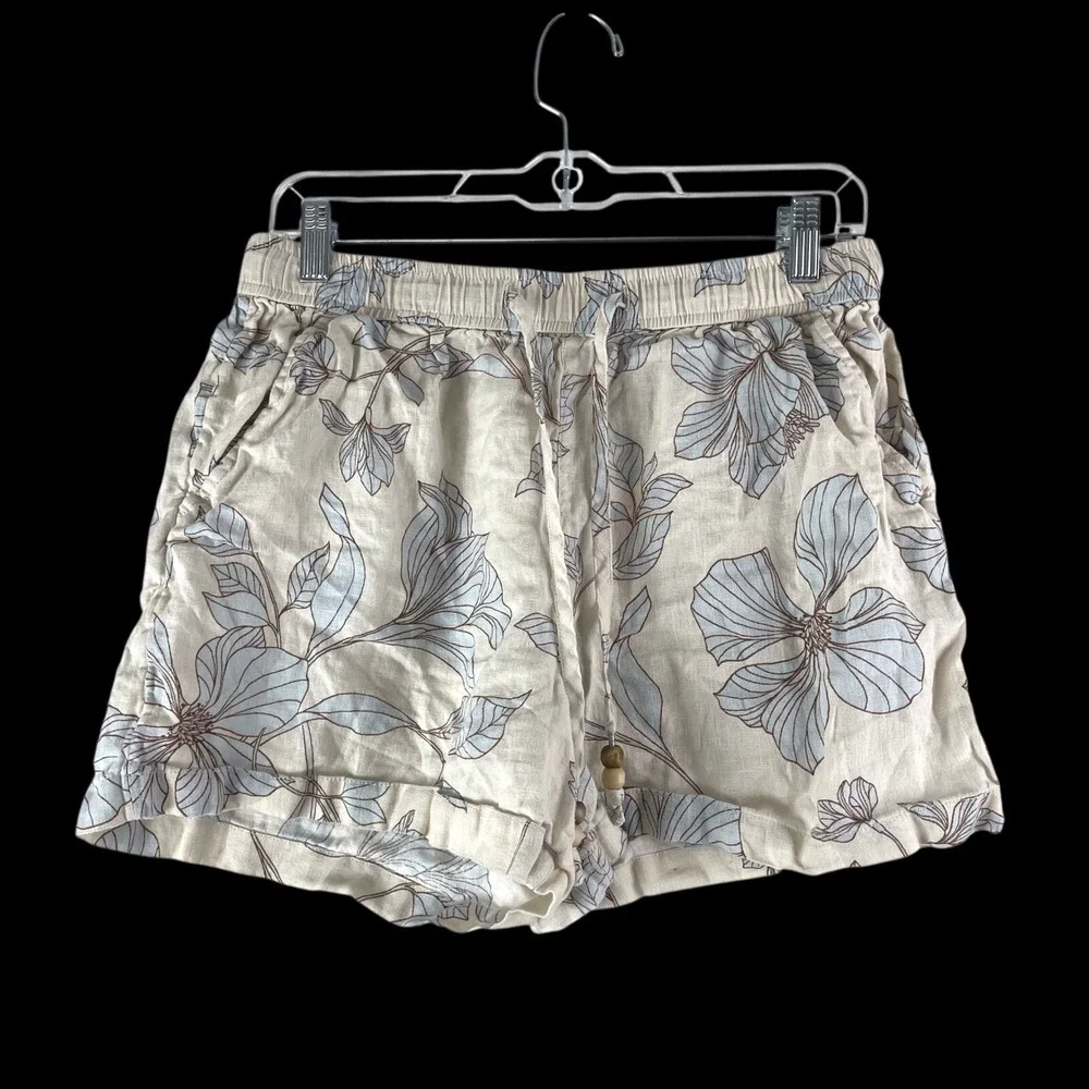 Cynthia Rowley Floral Linen Shorts Women M Beige Blue Beaded Coastal Boho Summer
